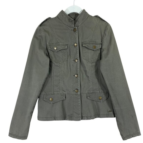 army green utility jacket mock neck snaps epaulettes sz medium Point Zero - Picture 2 of 14